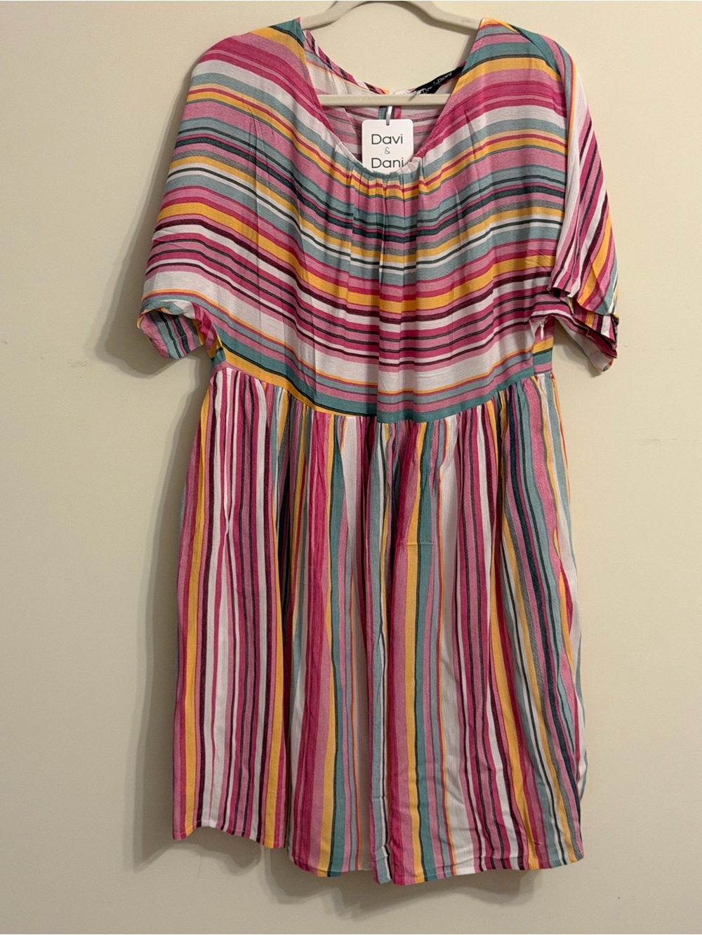 DAVI & DANI Multicolor Stripe Short Sleeve Mini Dress - Pink - Picture 3 of 4